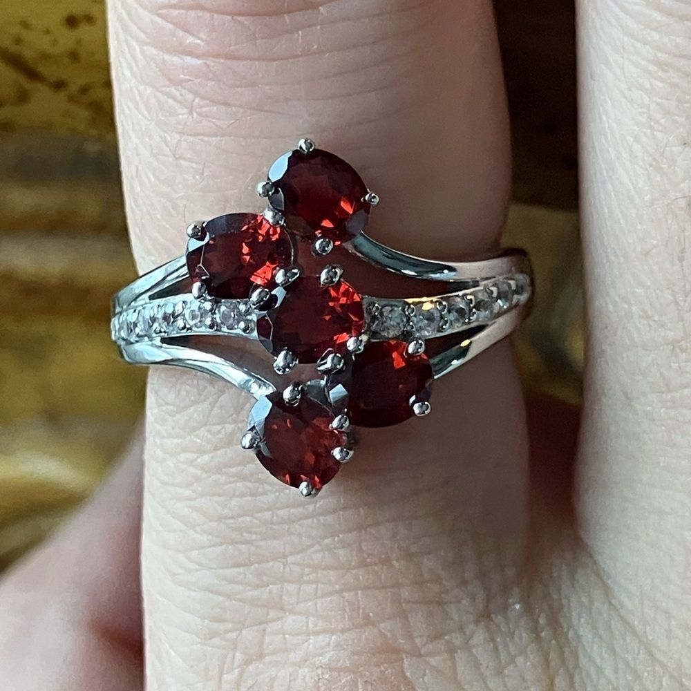 Natural Red Garnet Sterling Silver Cluster Ring Size 8